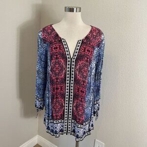 Lucky Brand Womens Plus 1X Boho Tunic Top V Neck Floral Shirt Long Sleeve